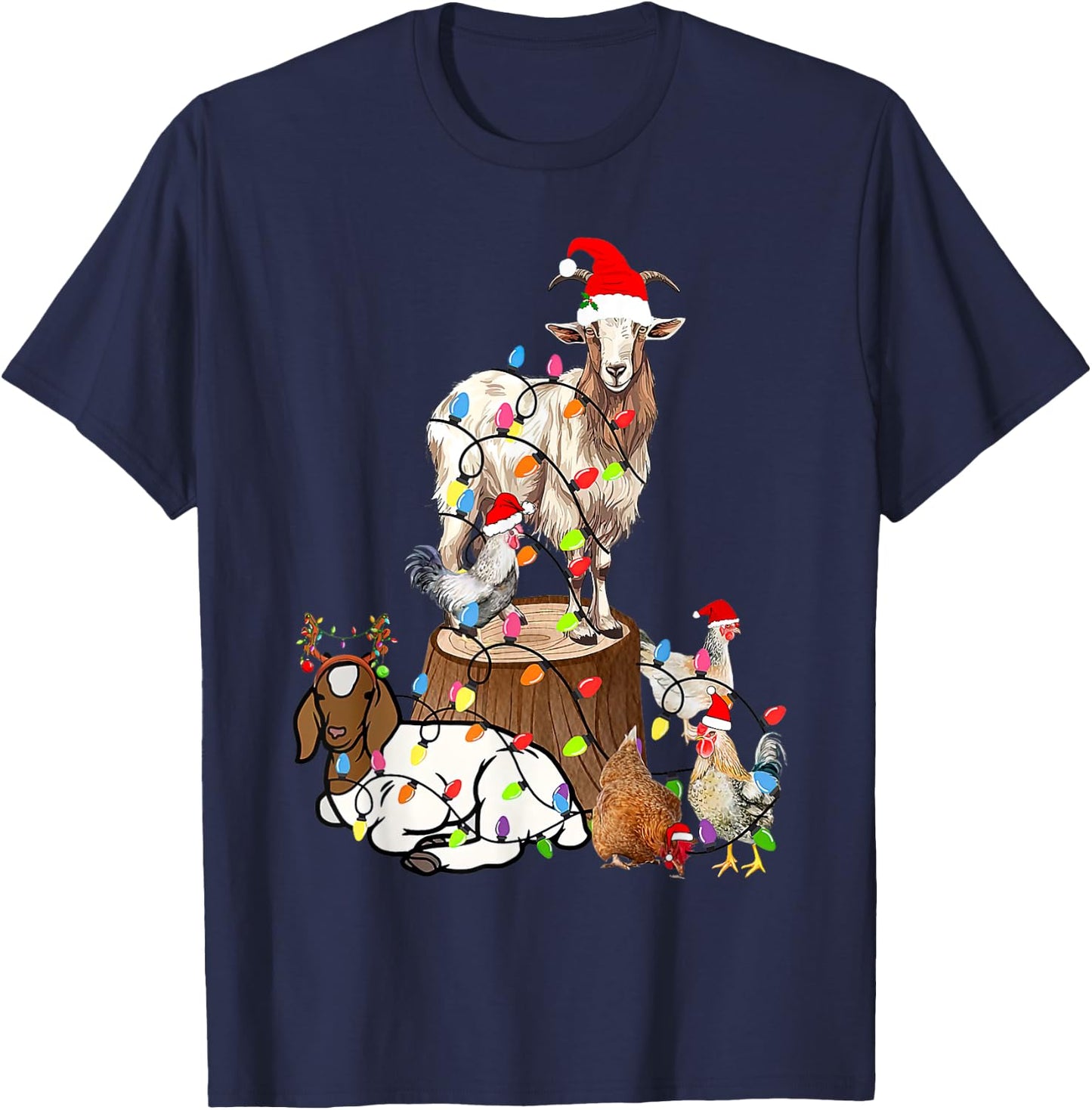 Goat Chicken Santa Hat Reindeer Funny Christmas Lights Farm T-Shirt - T-Shirt | Navy
