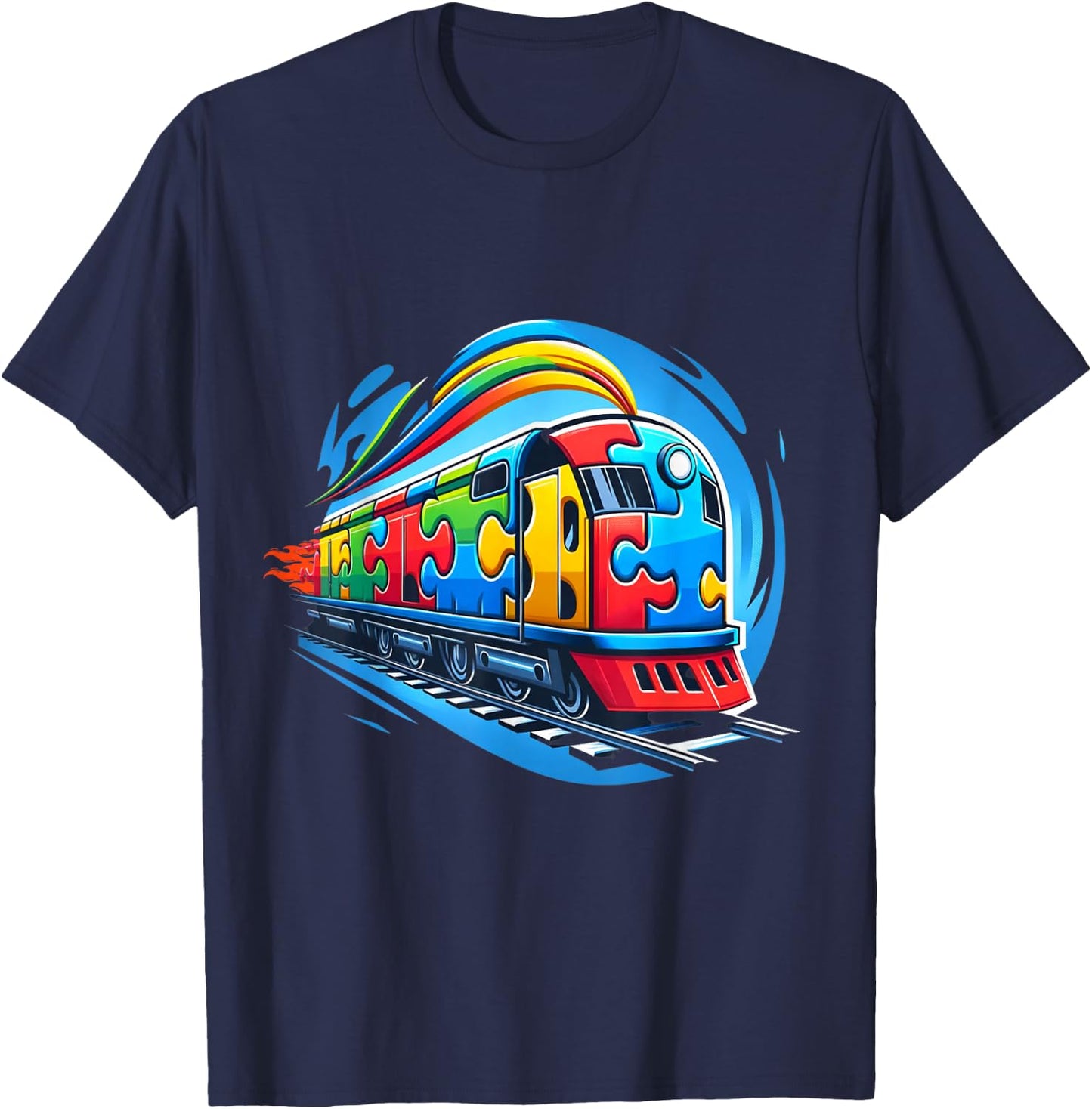 Autism Rainbow Puzzle Piece Train Acceptance Awareness T-Shirt - T-Shirt | Navy