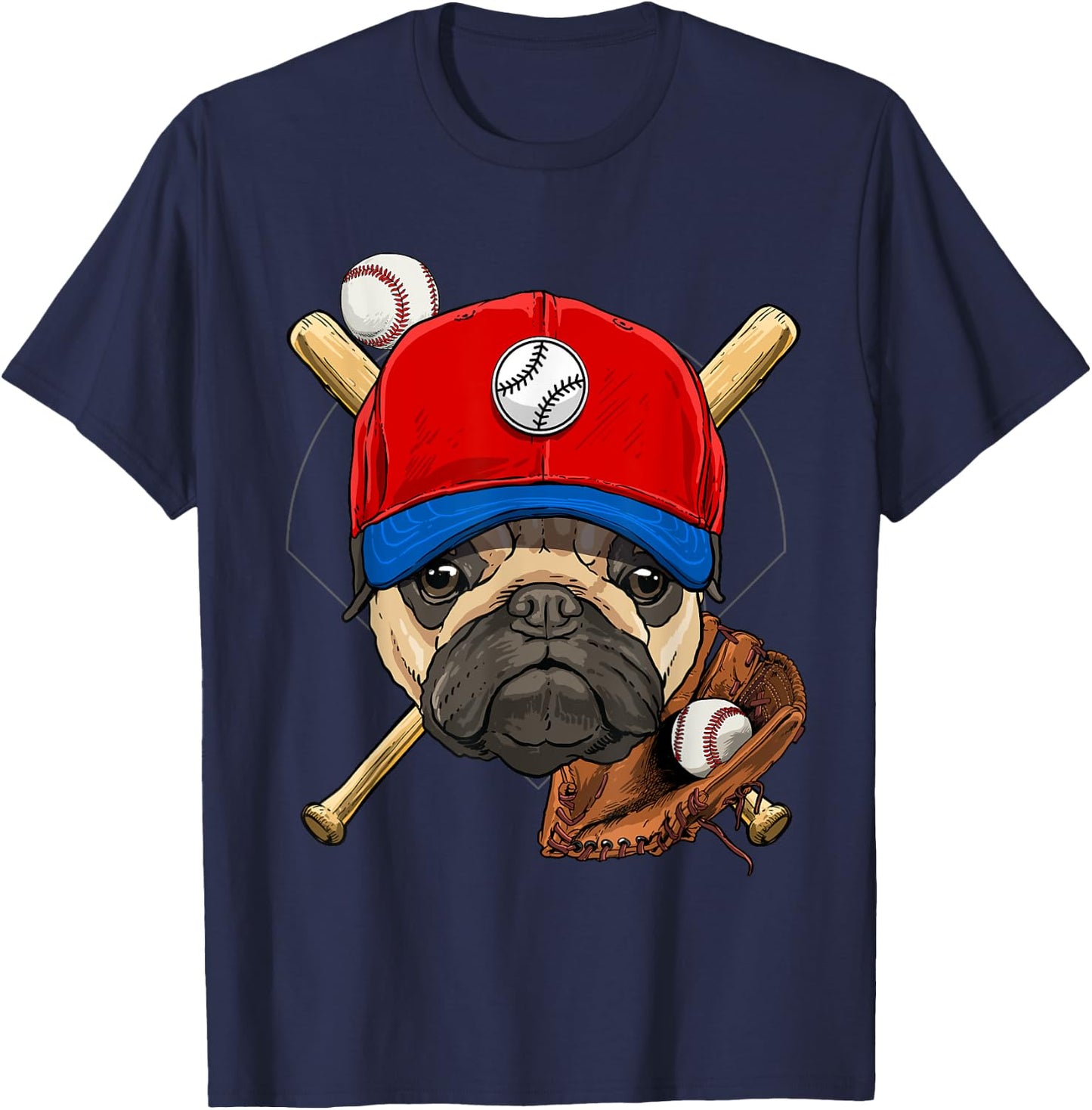 Pawsome -Adults, Kids Baseball , Black, Small, Short Sleeve, Cartoon Pug Baseball Player Applique T-Shirt - T-Shirt | Navy