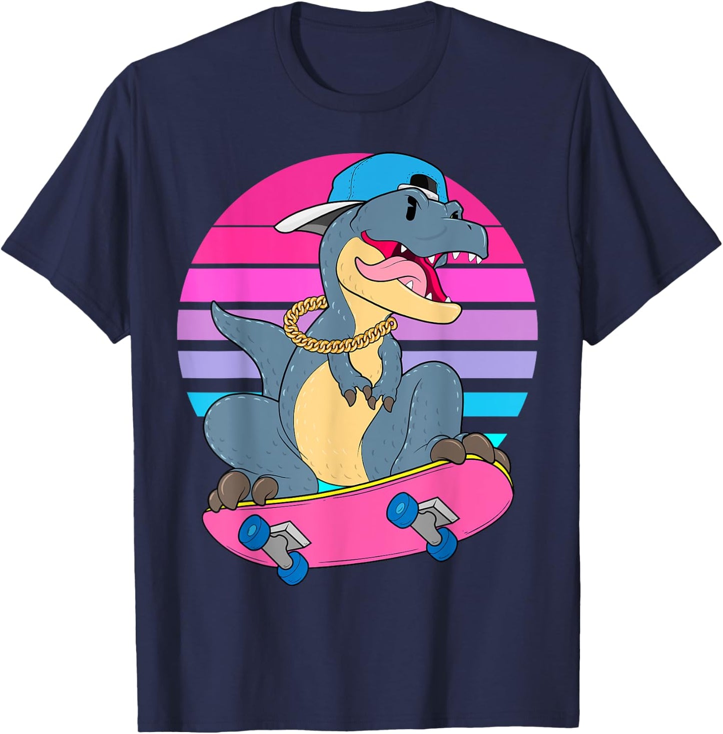 Skateboarding Dinosaur T-Rex Dino RAD Skateboard 80s Skater T-Shirt - T-Shirt | Navy