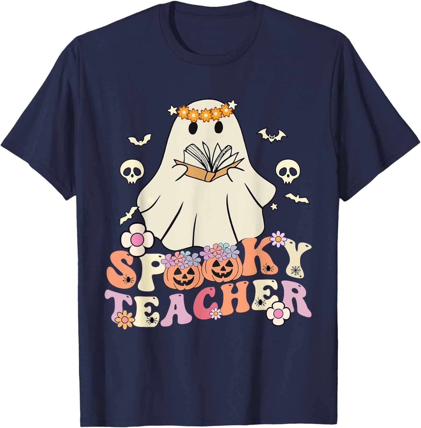 Spooky Teacher Groovy Retro Ghost Teacher Halloween 2023 Women Kids T-Shirt - T-Shirt | Navy