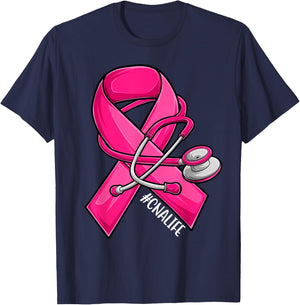 Pink Ribbon Stethoscope CNA Life Breast Cancer Awareness T-Shirt - T-Shirt | Navy