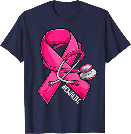 Pink Ribbon Stethoscope CNA Life Breast Cancer Awareness T-Shirt - T-Shirt | Navy