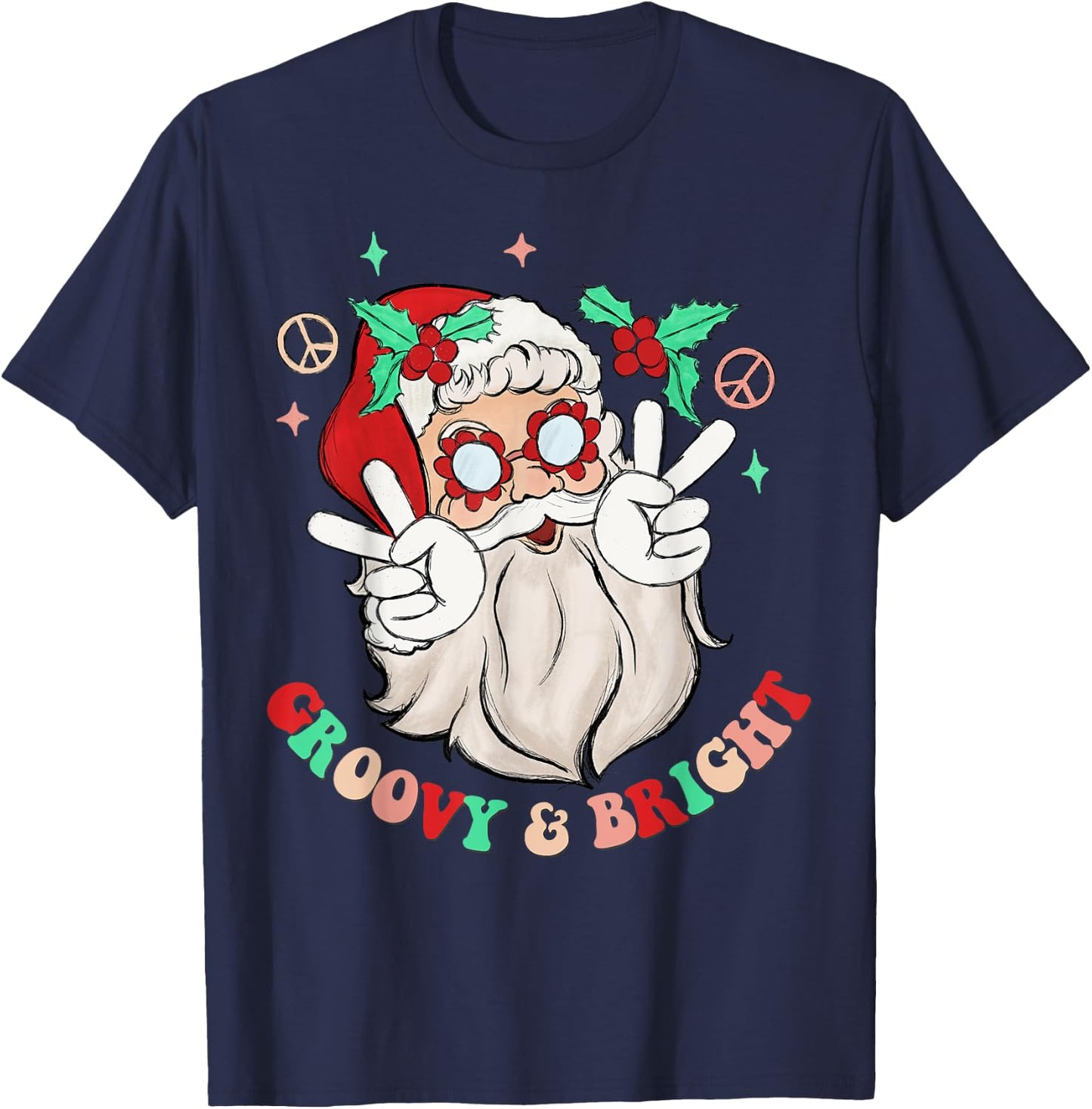 Hippie Santa Groovy Peace Sign Funny Merry Christmas T-Shirt - T-Shirt | Navy