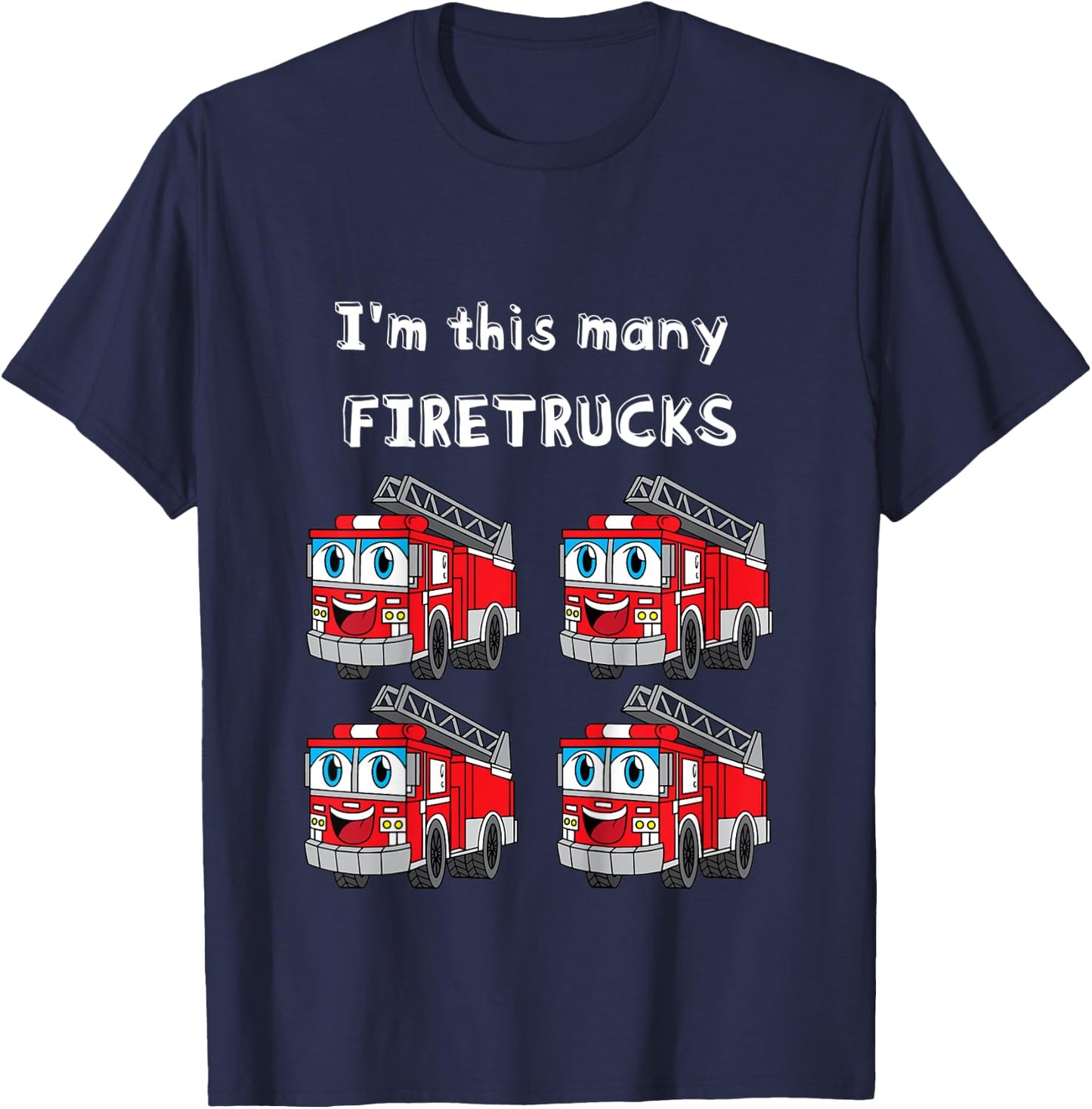 Kids Firetruck 4th Birthday I'm This Many Firetrucks 4-Year-Old T-Shirt - T-Shirt | Navy