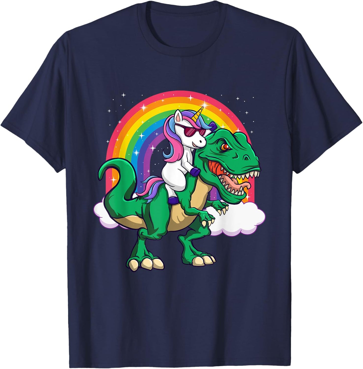 Unicorn Riding Dinosaur - Mythical Animal Rainbow Unicorn T-Shirt - T-Shirt | Navy