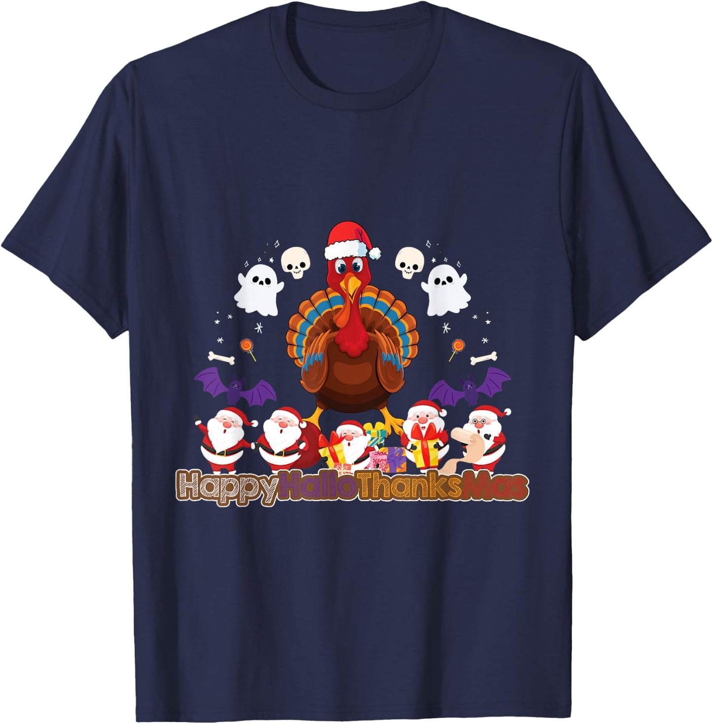 Funny HalloThanksMas Turkey Santa Holiday T-Shirt - T-Shirt | Navy