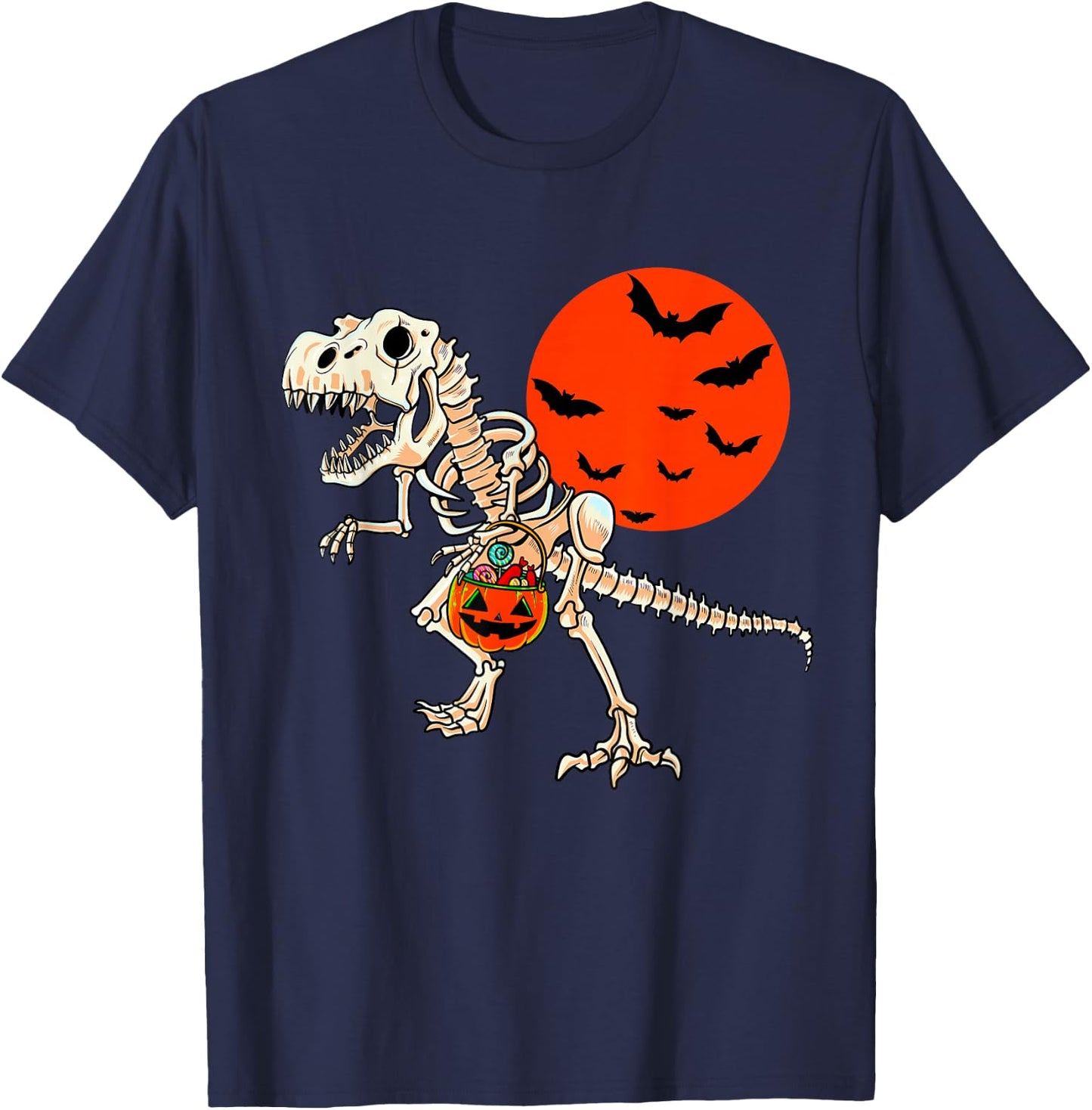 Scary Dinosaur Halloween Boys T Rex Skeleton Pumpkin Moon T-Shirt - T-Shirt | Navy