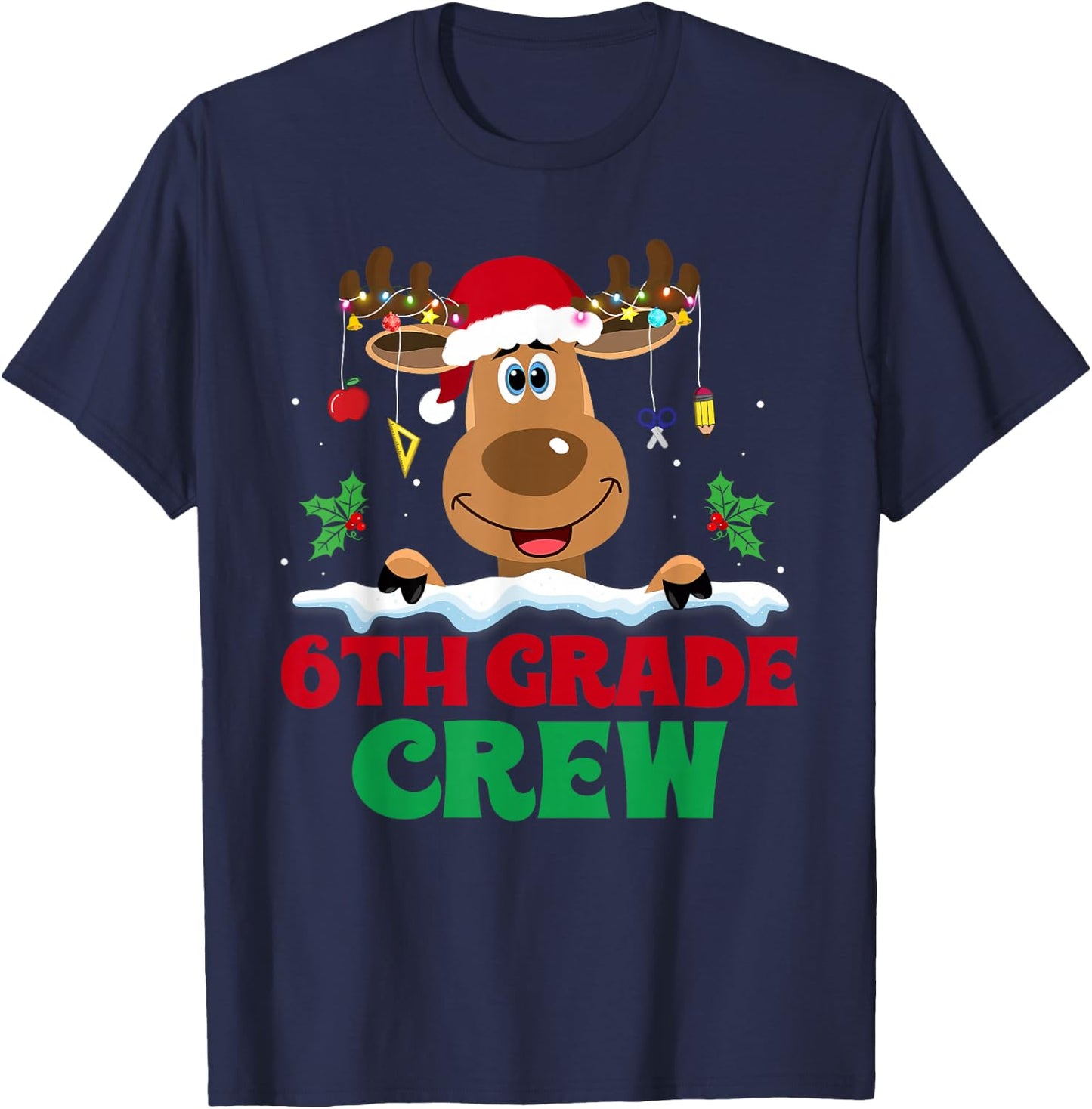 6th Grade Crew Reindeer Santa Hat Funny Christmas Teacher T-Shirt - T-Shirt | Navy