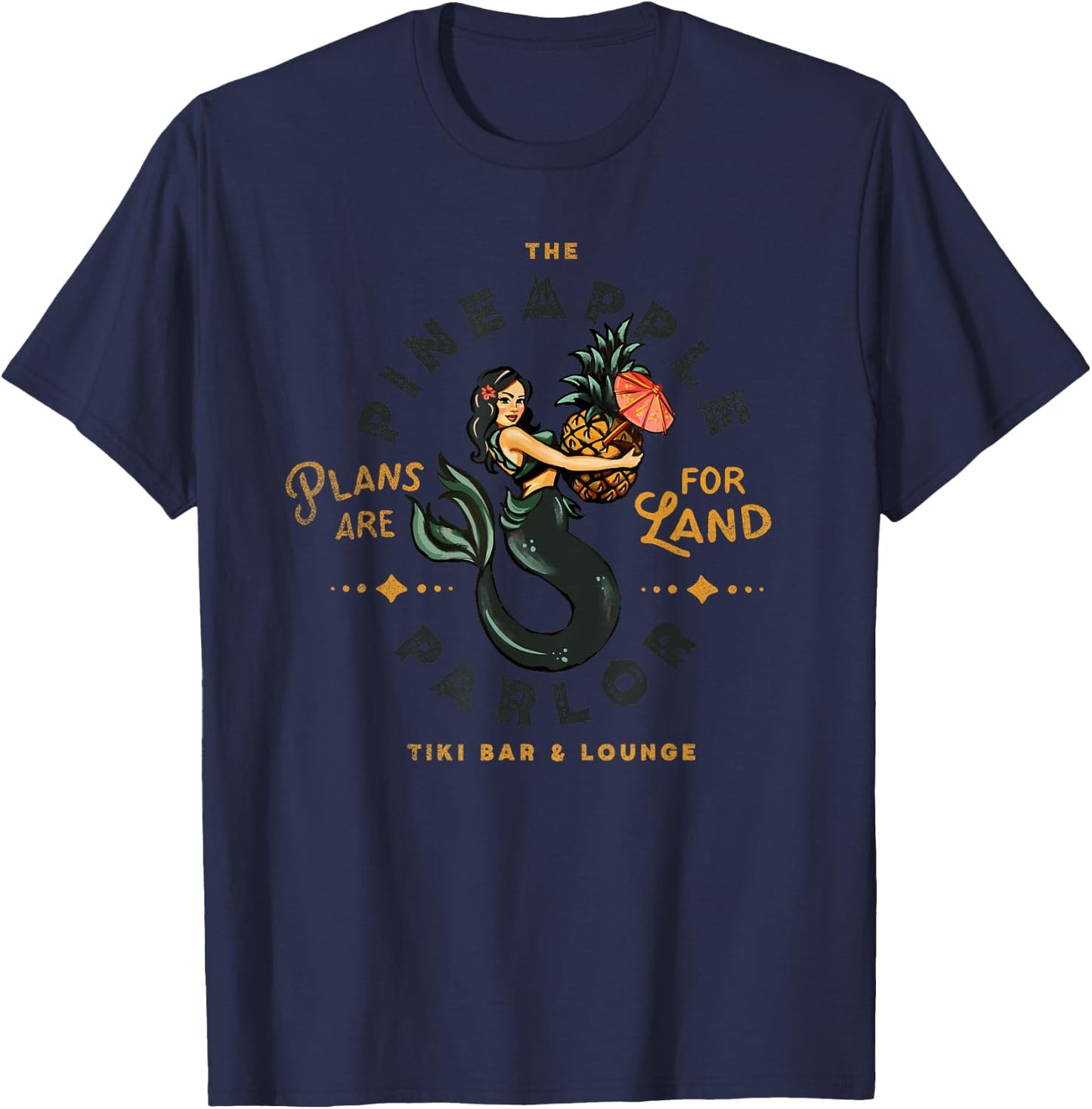 Fun Tiki Bar Tattoo Pinup: Tropical Pineapple Sailor Mermaid T-Shirt - T-Shirt | Navy