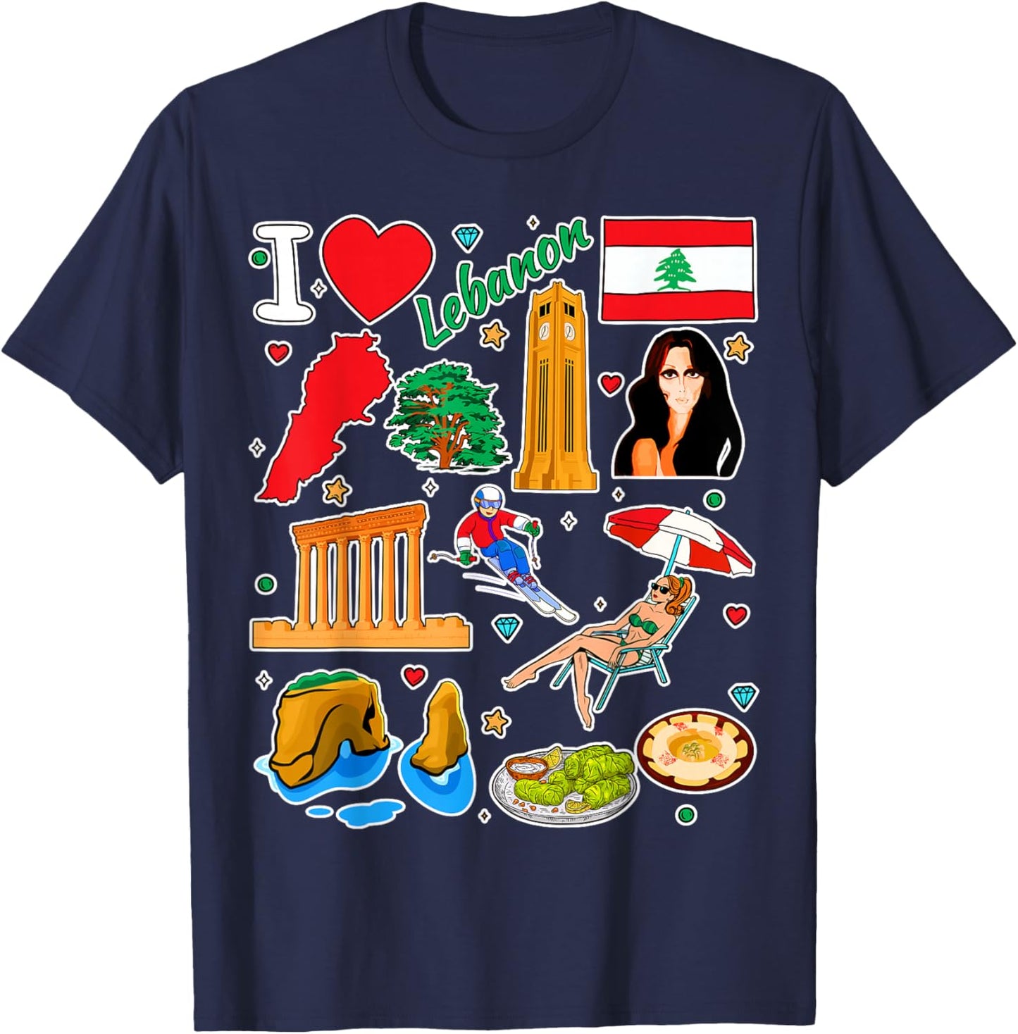 Lebanese hand drawn symbols, Lebanon map, cultural icons T-Shirt - T-Shirt | Navy