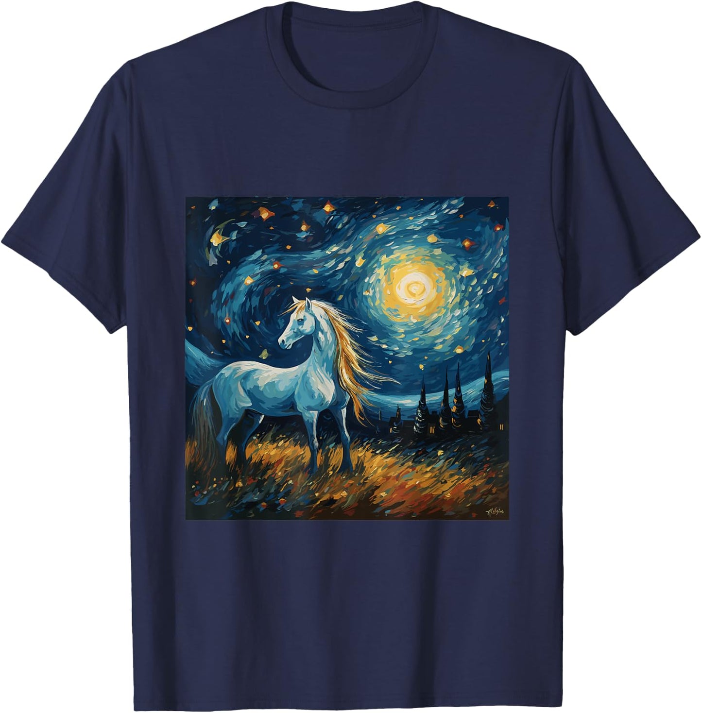 Horse in Starry Night Van Gogh inspired Art for Horses Lover T-Shirt - T-Shirt | Navy