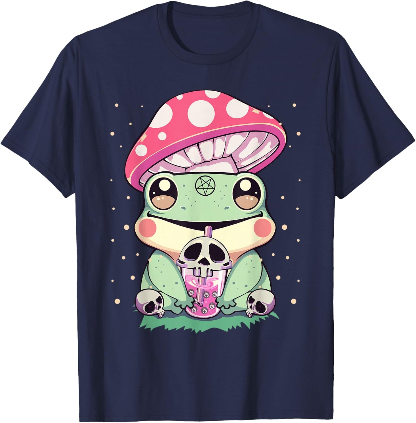 Pastel Goth Kawaii Frog Boba Tea and Mushroom Frog T-Shirt - T-Shirt | Navy