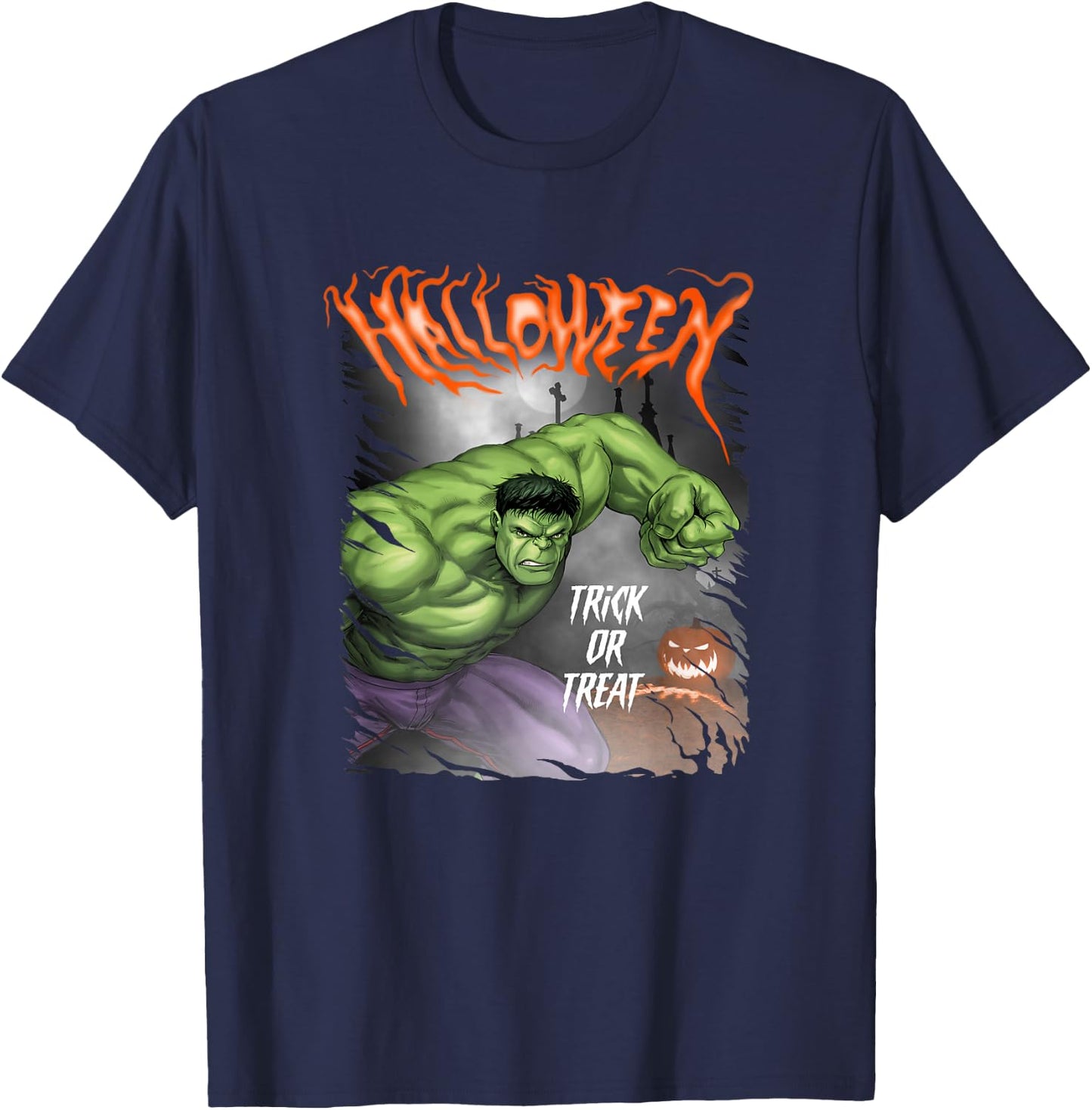 Marvel Comics Retro Classic Halloween Hulk Pumpkin Poster T-Shirt - T-Shirt | Navy