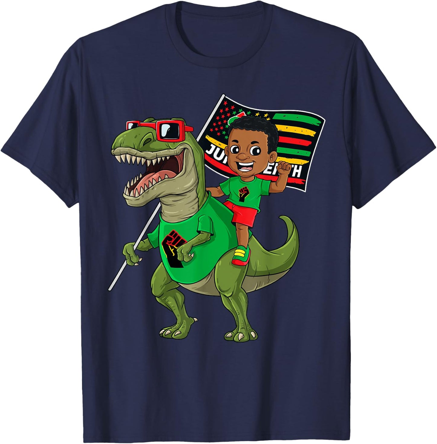 Juneteenth Black King Riding T Rex Dino Funny Boys Kids Flag T-Shirt - T-Shirt | Navy