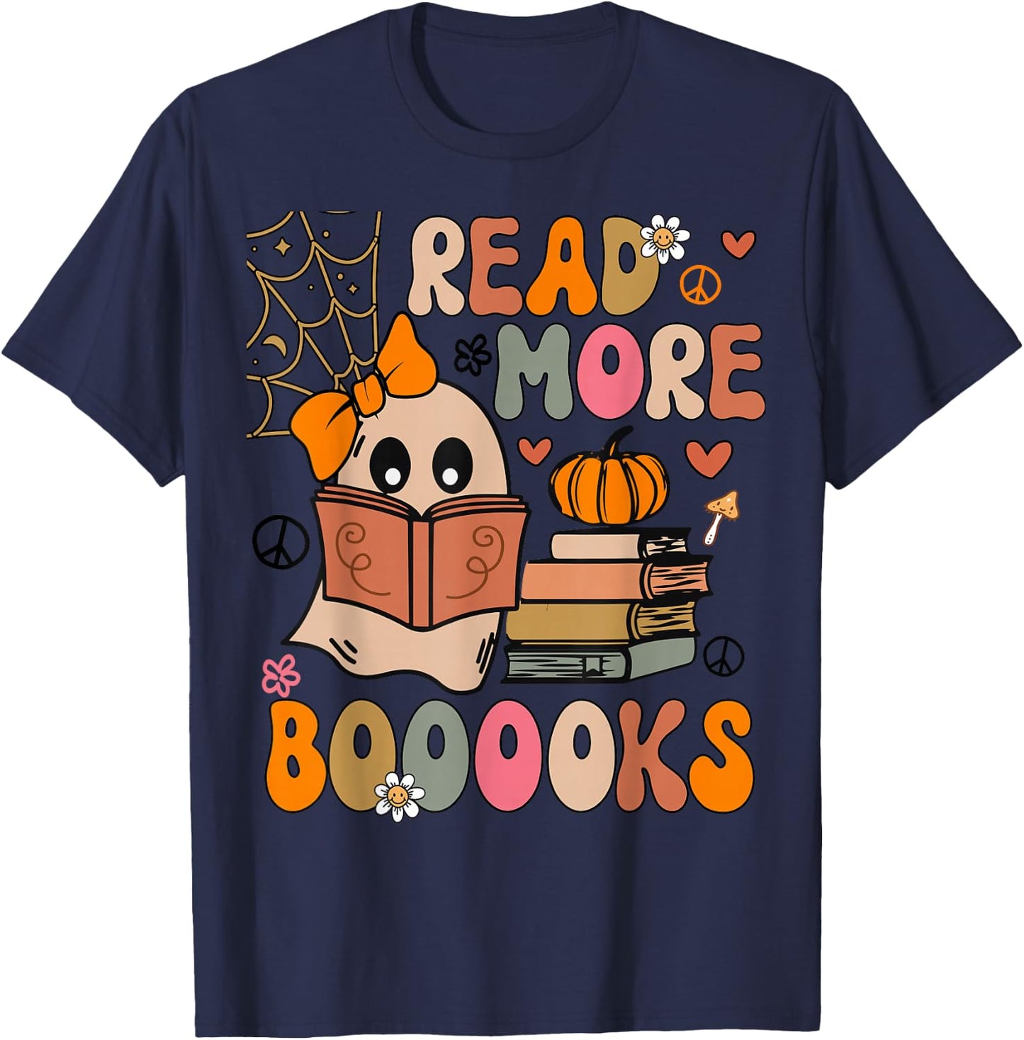 Cute Booooks Ghost Read More Books Funny Teacher Halloween T-Shirt - T-Shirt | Navy