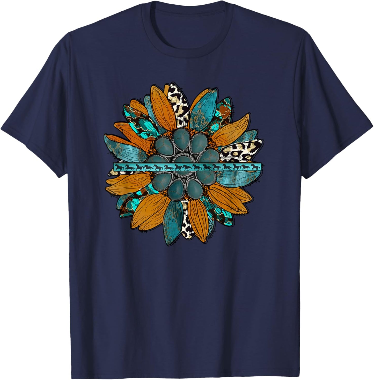 Country Western Sunflower Earth Tones Cowhide Teal T-Shirt - T-Shirt | Navy