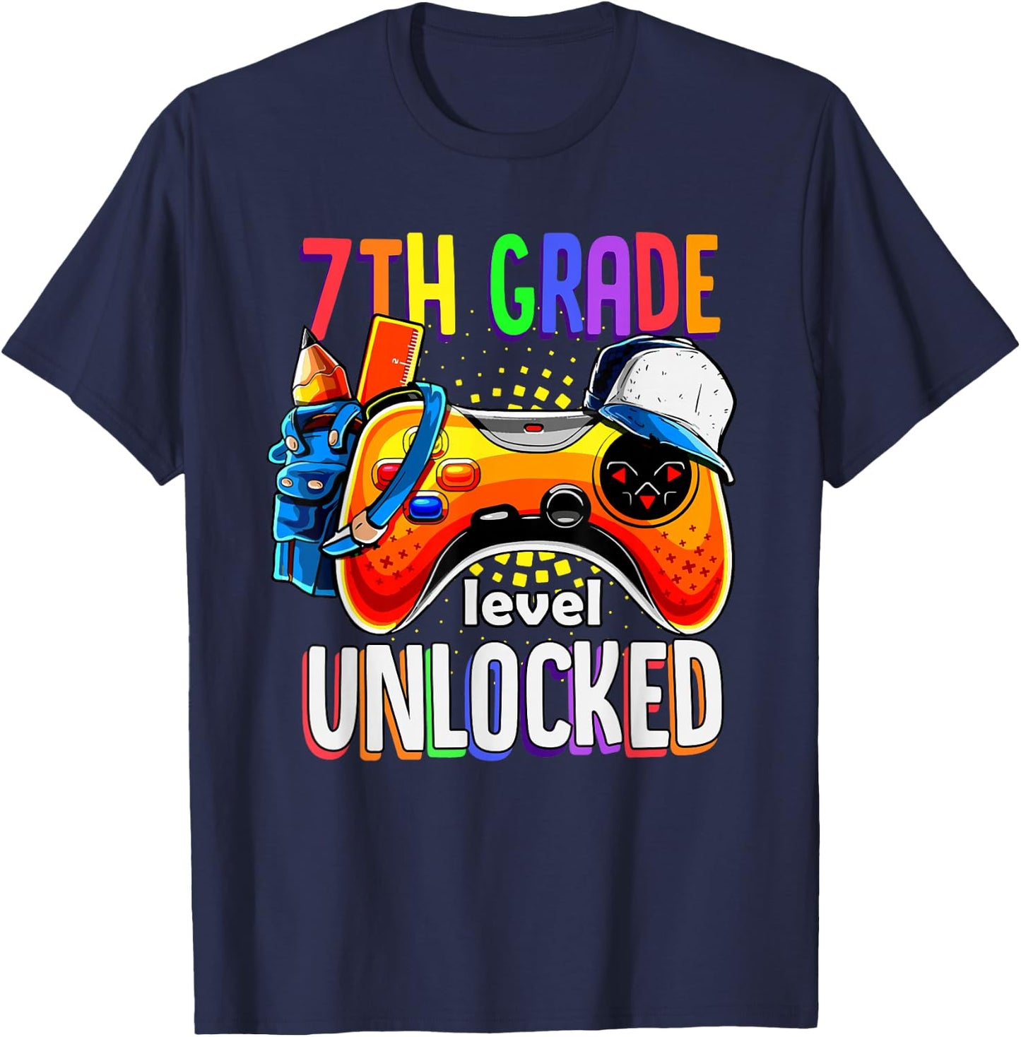 Gamer Back To School 7th Seventh Grade Level Unlocked T-Shirt - T-Shirt | Navy