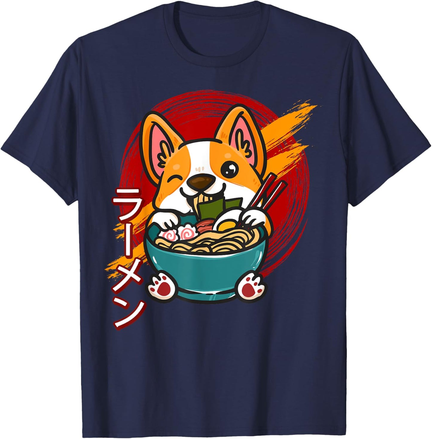Corgi Eating Ramen Cute Kawaii Dog Japanese Noodles Japan T-Shirt - T-Shirt | Navy