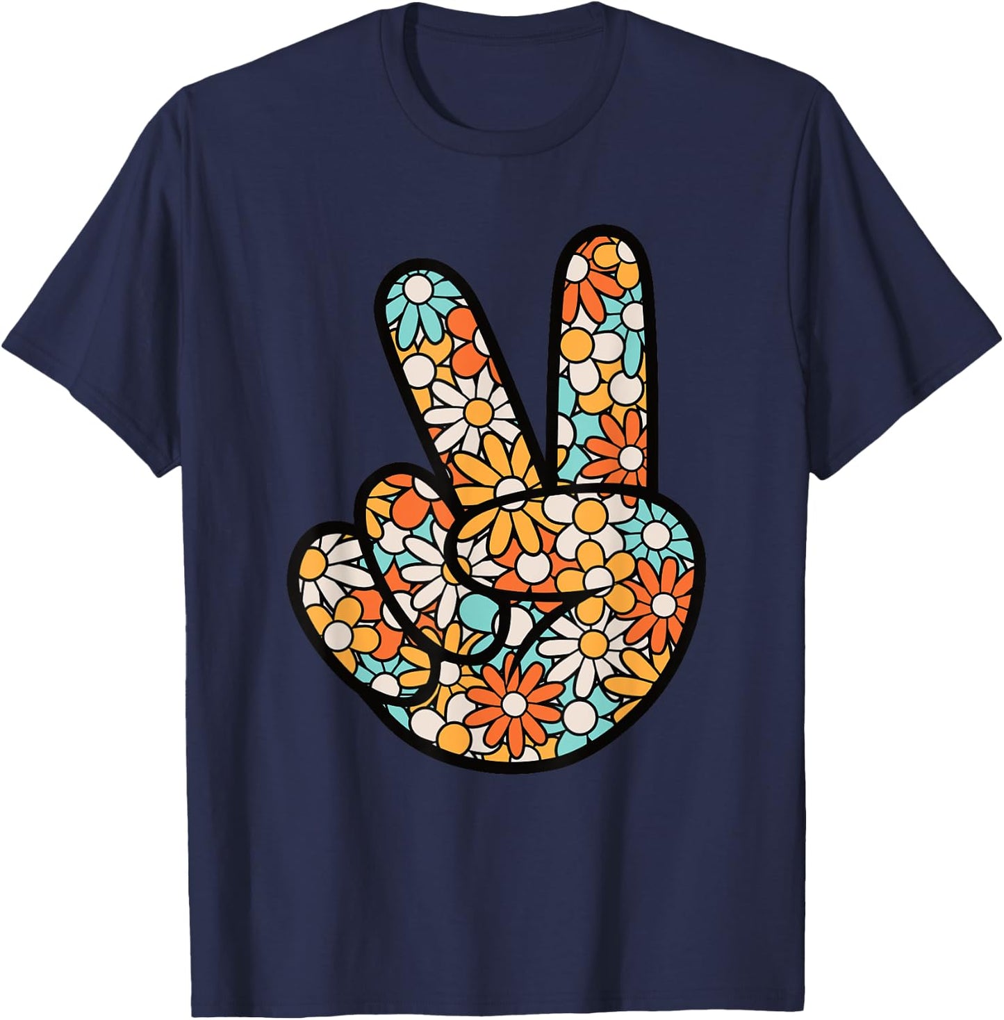 Peace Hand Sign Hippie Flower Groovy 60s 70s Party Outfit T-Shirt - T-Shirt | Navy