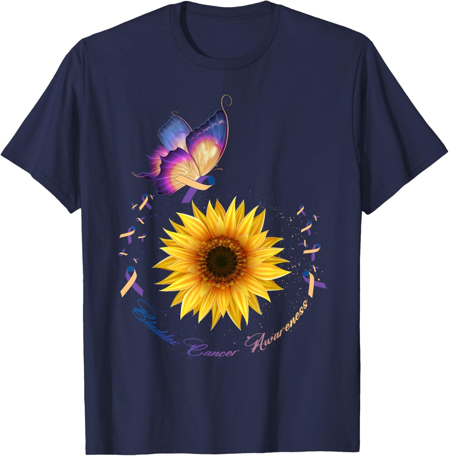 Butterfly & Sunflower Bladder Cancer Awareness Month Warrior T-Shirt - T-Shirt | Navy