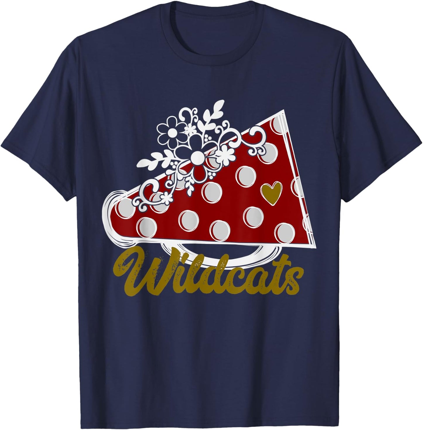 Cheer WILDCATS Shirt, Maroon Megaphone Heart Flower Accent T-Shirt - T-Shirt | Navy