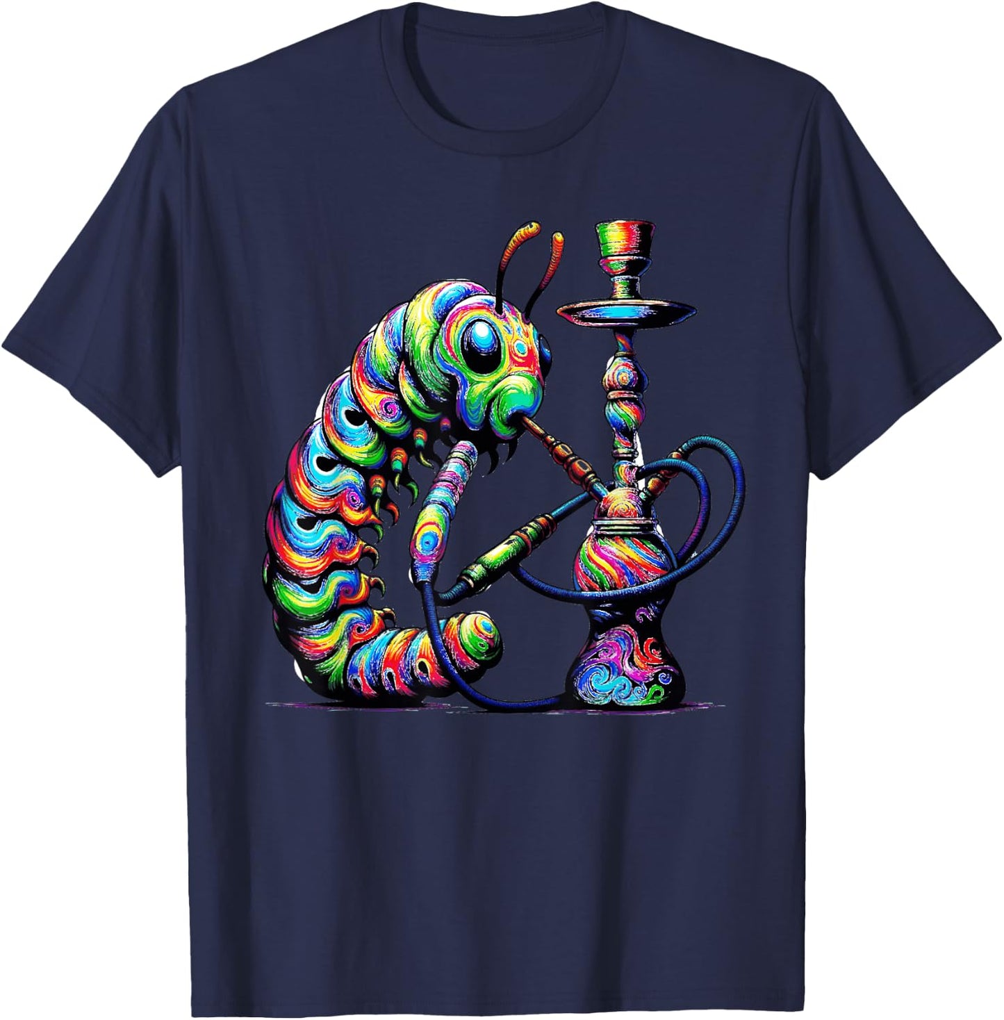 Hookah Smoking Caterpillar Trippy T-Shirt - T-Shirt | Navy