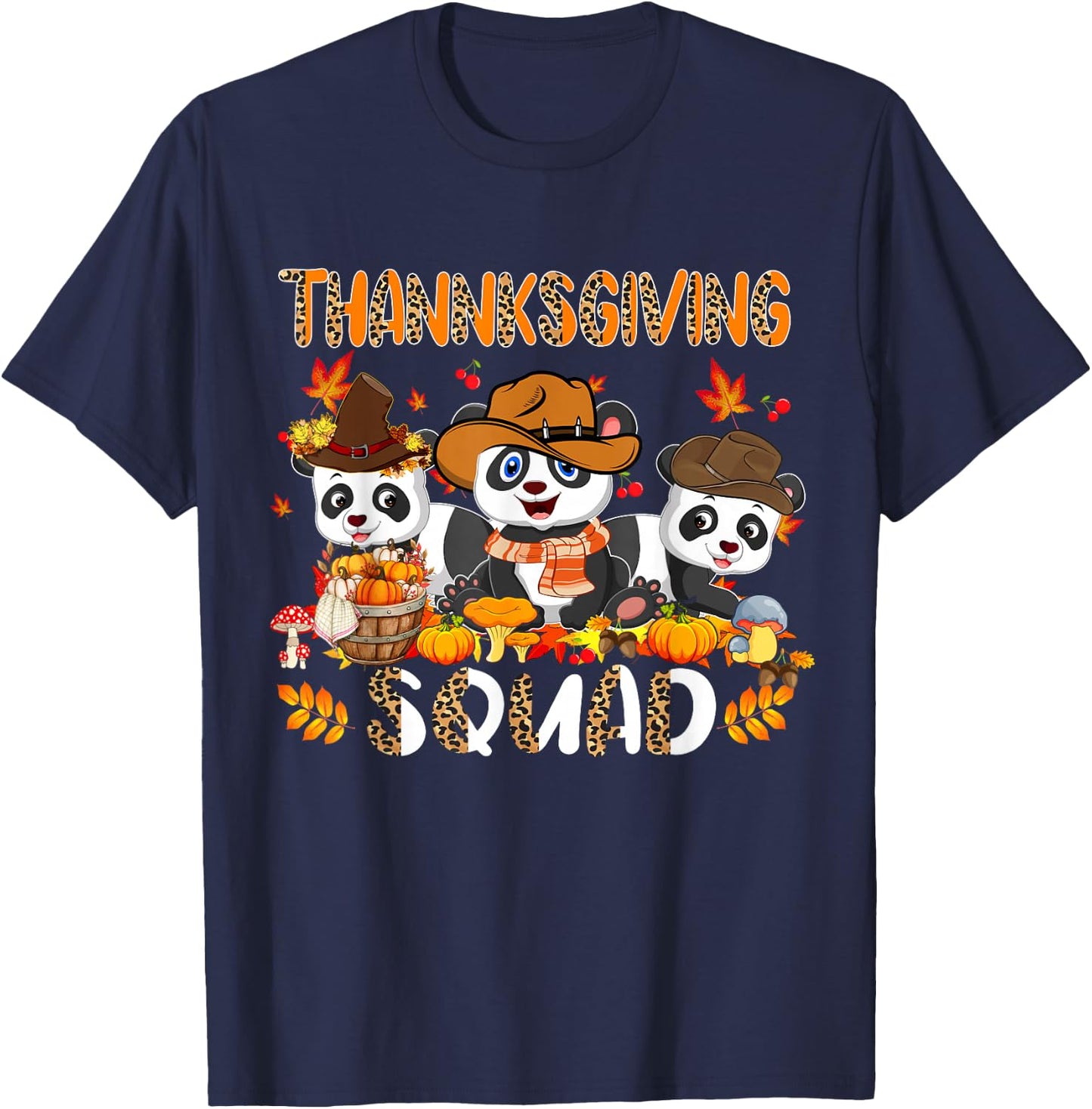 Thanksgiving Squad Leopard Three Fall Pandas Wearing Hat T-Shirt - T-Shirt | Navy