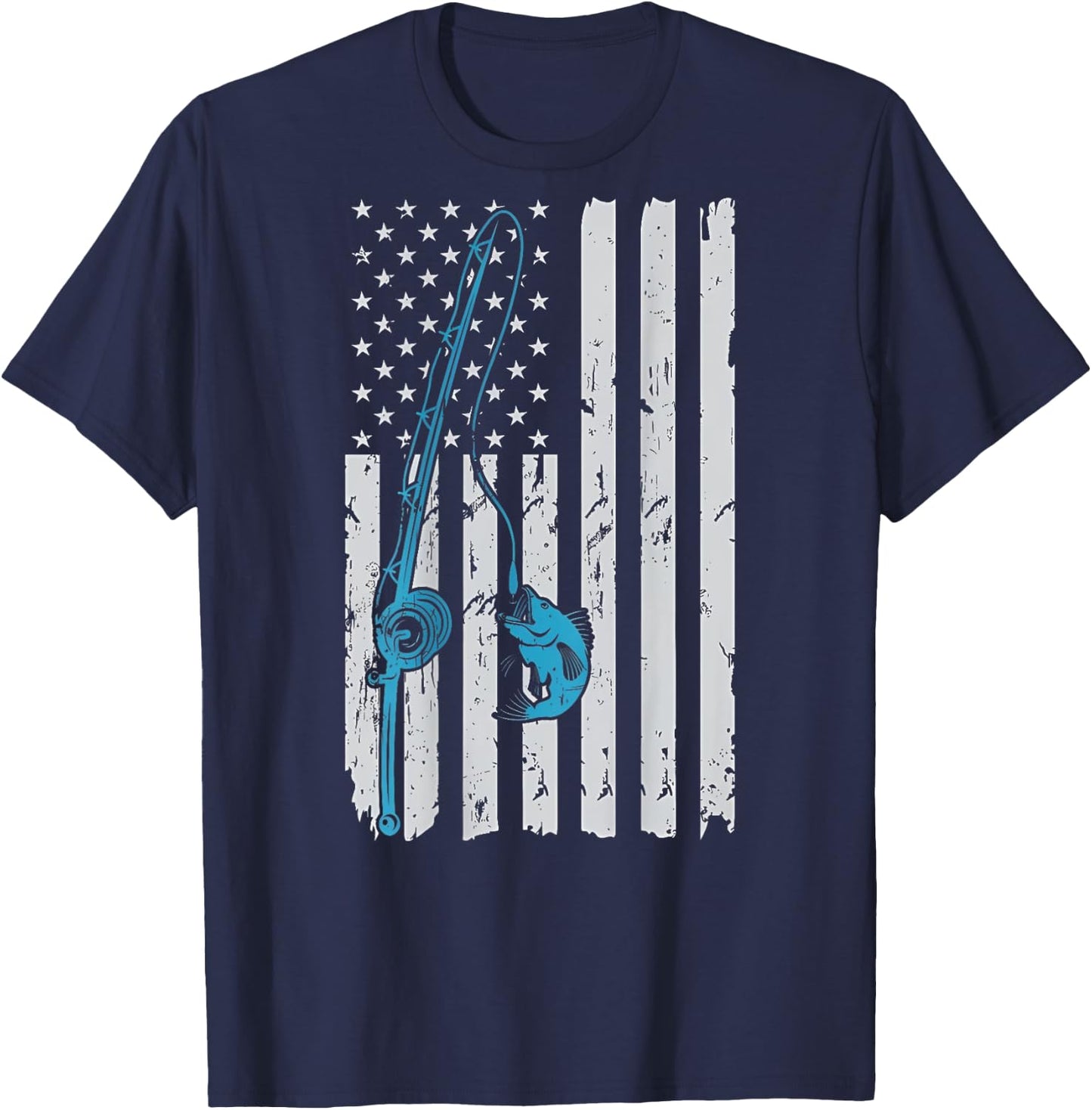 Vintage American Flag Fishing Fisherman Patriotic (ON BACK) T-Shirt - T-Shirt | Navy