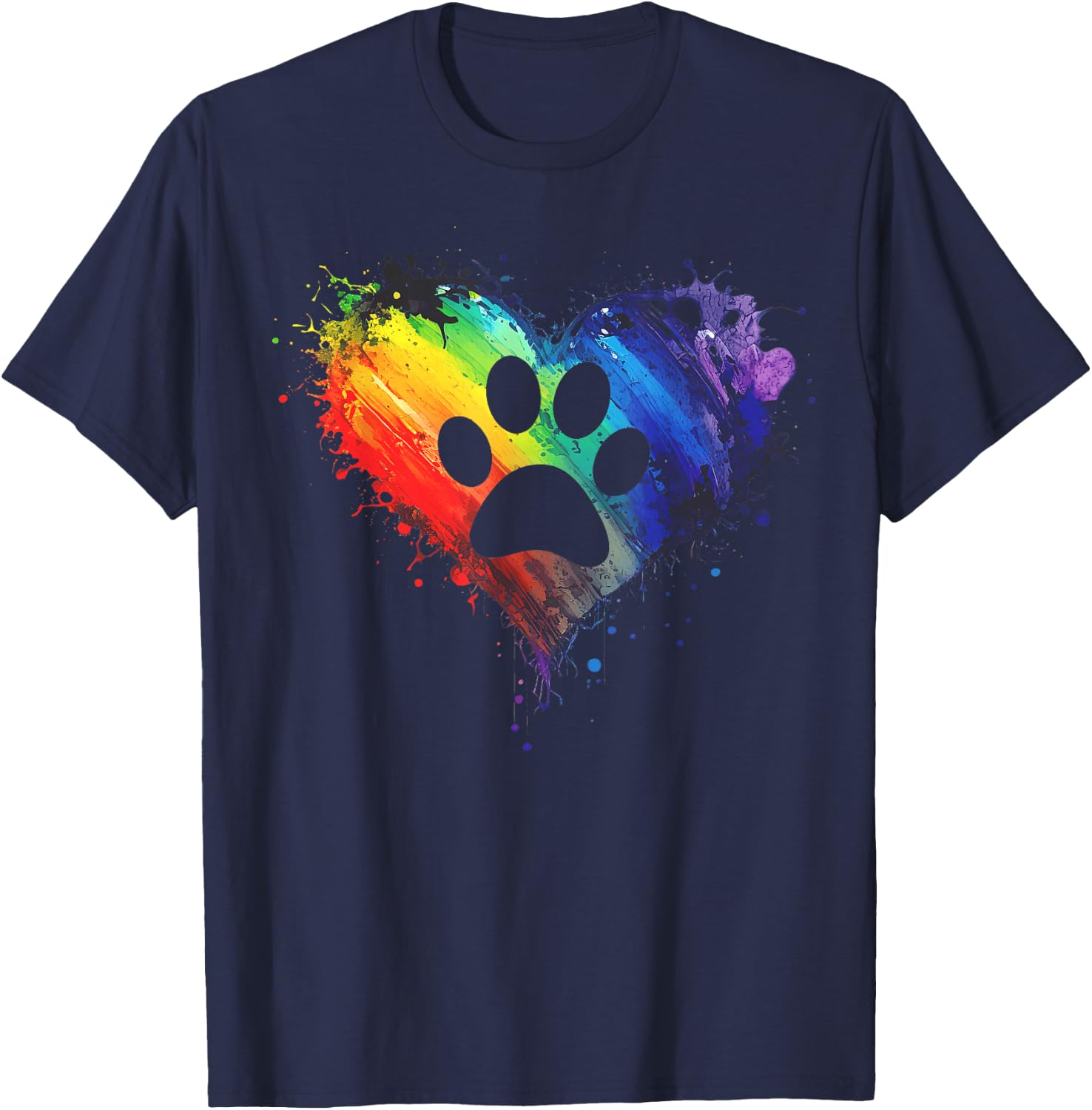 Rainbow Pawprint - Dog paw Print Design with Colorful Heart T-Shirt - T-Shirt | Navy