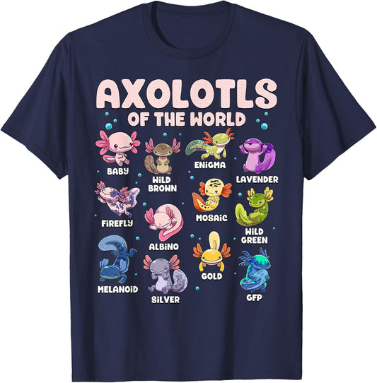Axolotl Shirt Kawaii Axolotls Of The World Types Of Axolotls T-Shirt - T-Shirt | Navy