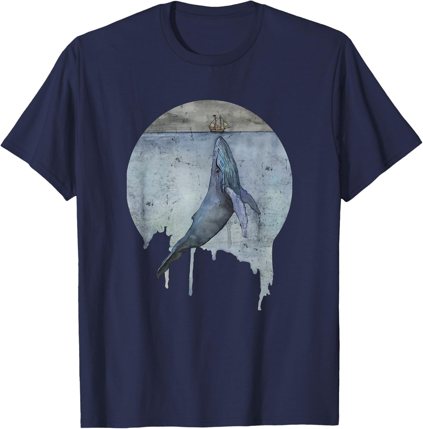 Humpback Whale Ship At Sea Distressed Watercolor Ocean Sea T-Shirt - T-Shirt | Navy