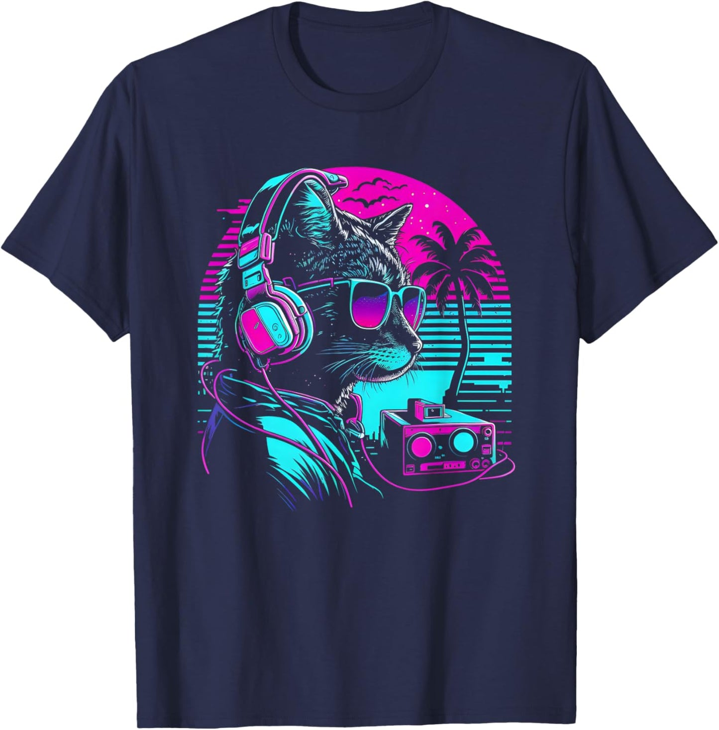 House DJ Cat 80s 90s Kitten Sunset Rainbow DJ Cat Kitty T-Shirt - T-Shirt | Navy