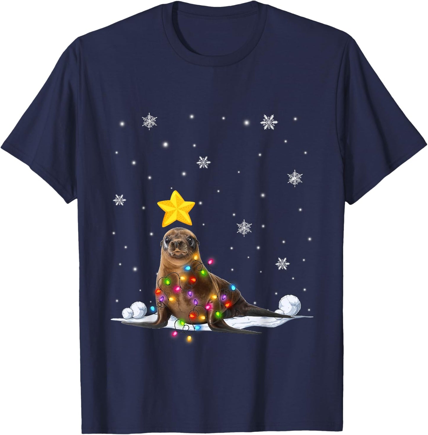 Funny Xmas Sea lion Animals Lover Christmas Tree Lights T-Shirt - T-Shirt | Navy