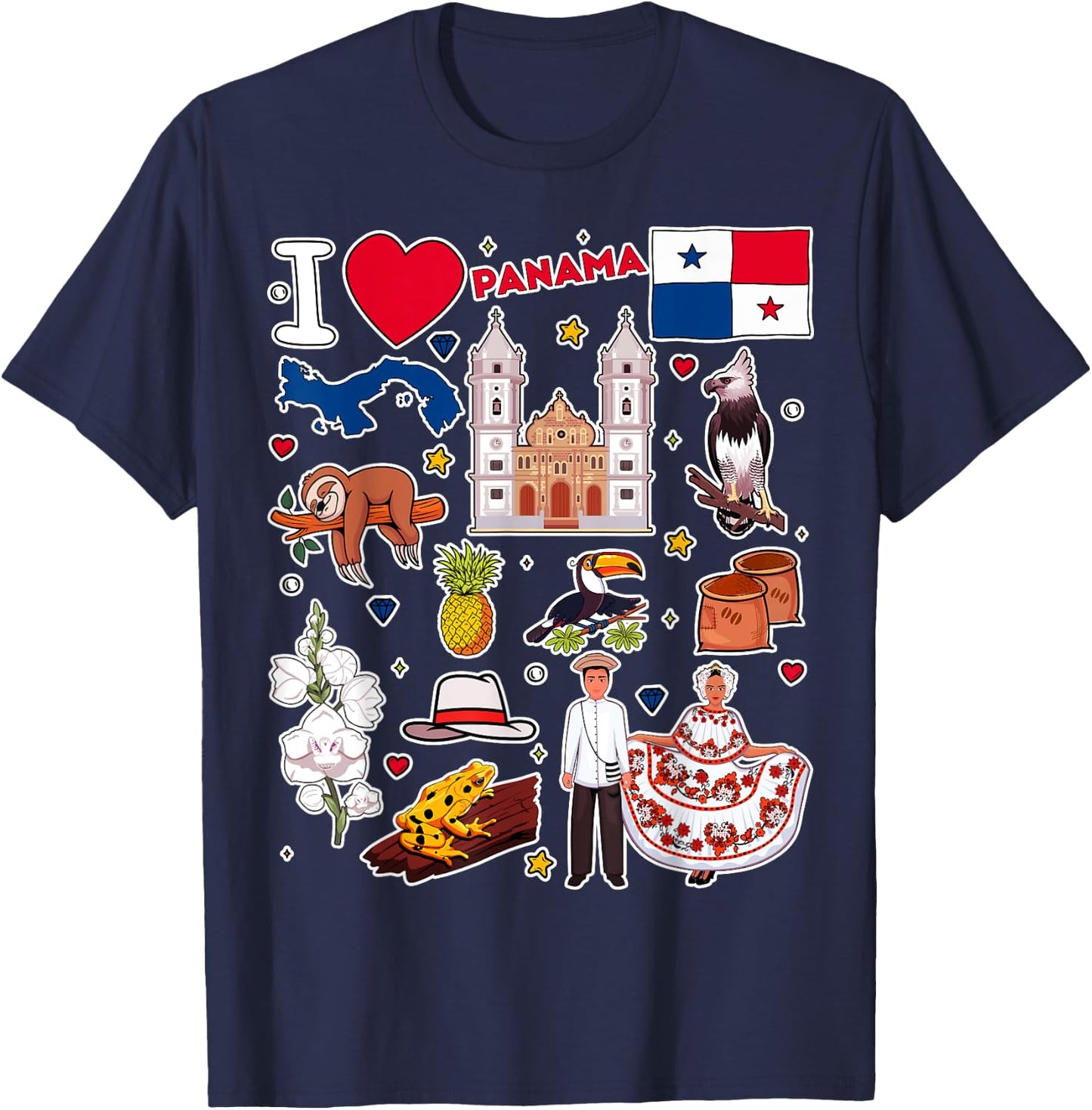Panamanian hand drawn symbols, Panama map, cultural icons T-Shirt - T-Shirt | Navy