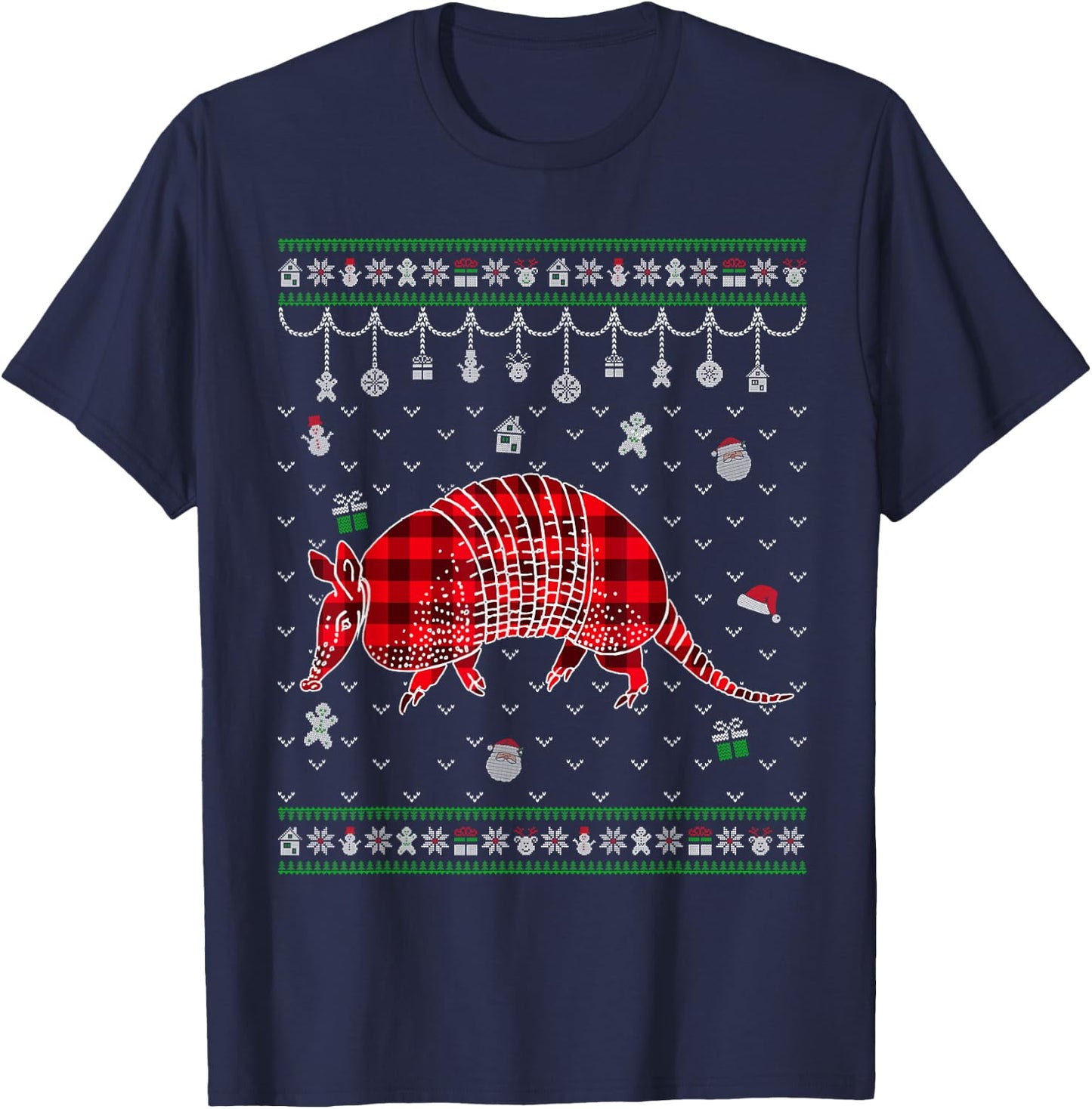 Red Plaid Armadillo Lover Funny Ugly Christmas Sweater T-Shirt - T-Shirt | Navy