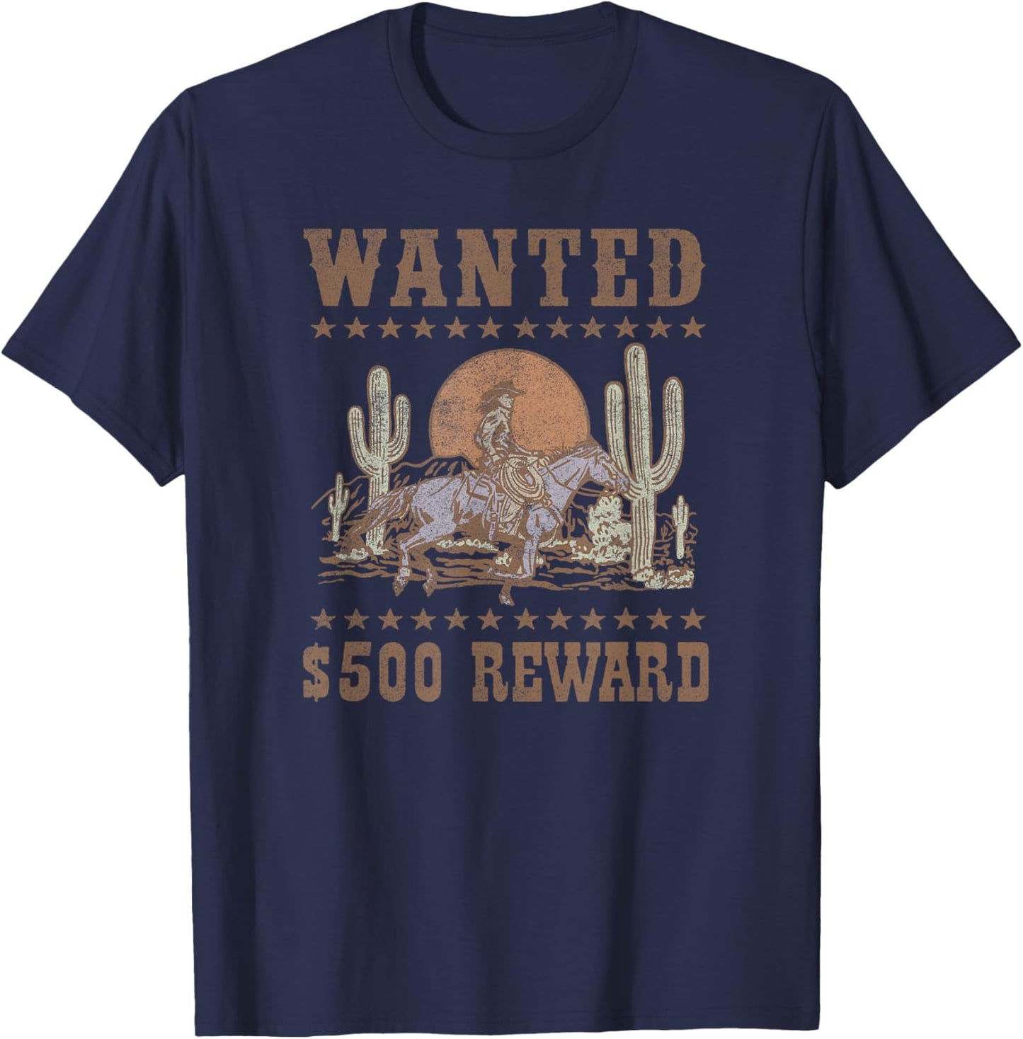Wanted $500 Reward Gunslinger Horse Rider Old West Style T-Shirt - T-Shirt | Navy