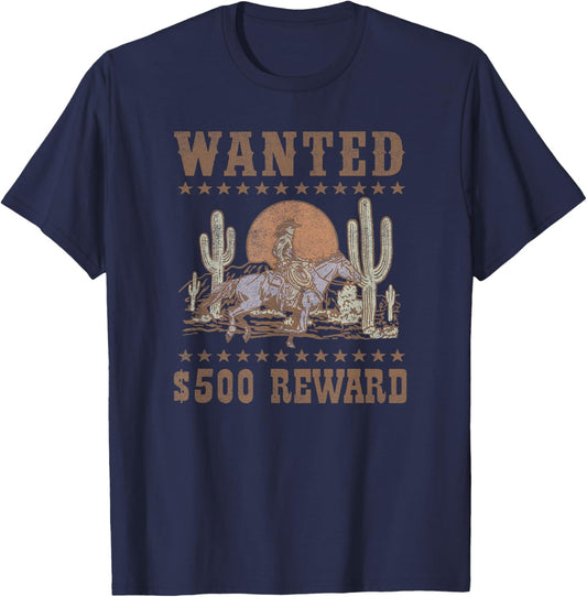 Wanted $500 Reward Gunslinger Horse Rider Old West Style T-Shirt - T-Shirt | Navy