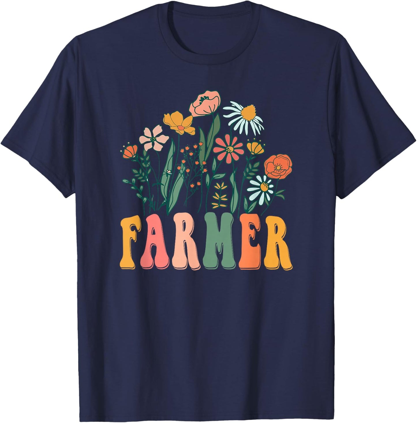 Retro Groovy floral Farmer Wildflower T-Shirt - T-Shirt | Navy