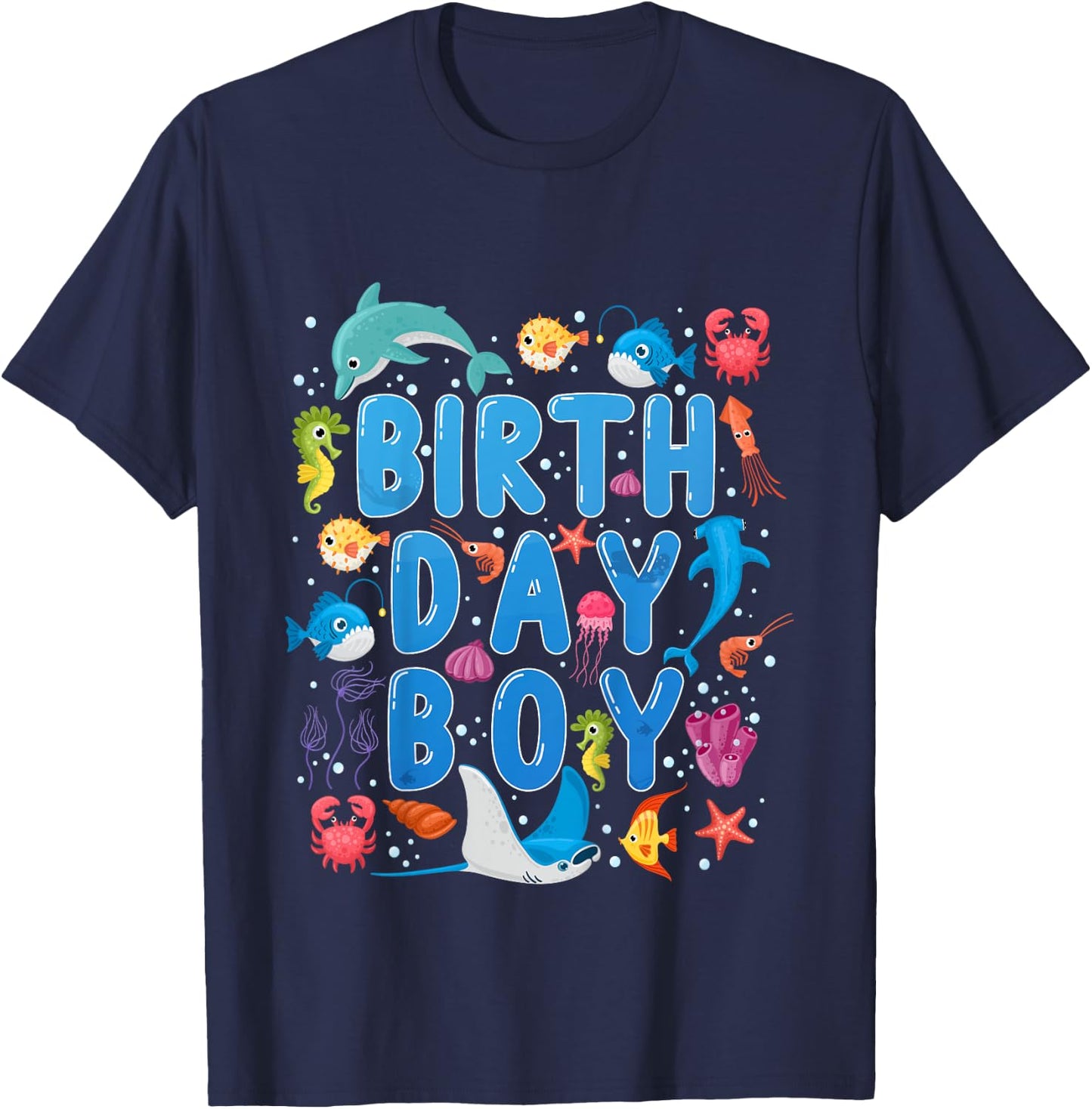 Kids Birthday Boy Ocean Animals Theme Birthday Party Under Sea T-Shirt - T-Shirt | Navy