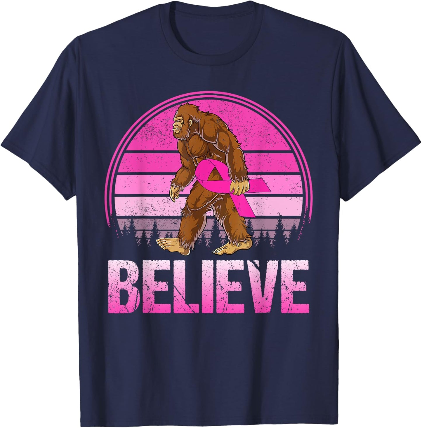 Retro Believe Breast Cancer Bigfoot & Pink Ribbon Sasquatch T-Shirt - T-Shirt | Navy