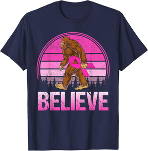 Retro Believe Breast Cancer Bigfoot & Pink Ribbon Sasquatch T-Shirt - T-Shirt | Navy