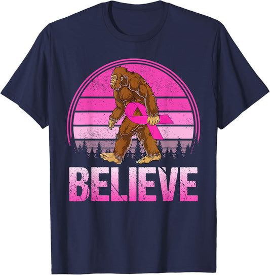 Retro Believe Breast Cancer Bigfoot & Pink Ribbon Sasquatch T-Shirt - T-Shirt | Navy