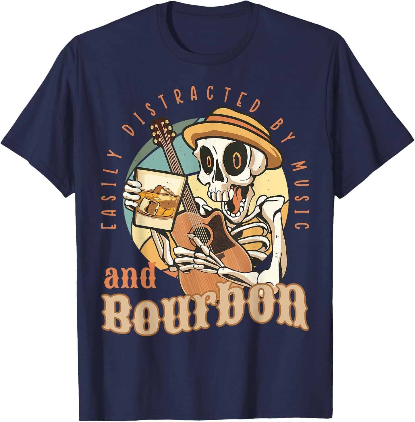 Easily Distracted By Music And Bourbon Funny Bourbon T-Shirt - T-Shirt | Navy