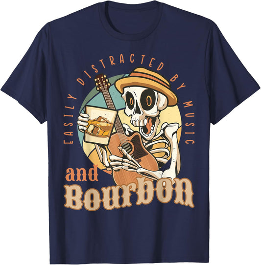 Easily Distracted By Music And Bourbon Funny Bourbon T-Shirt - T-Shirt | Navy