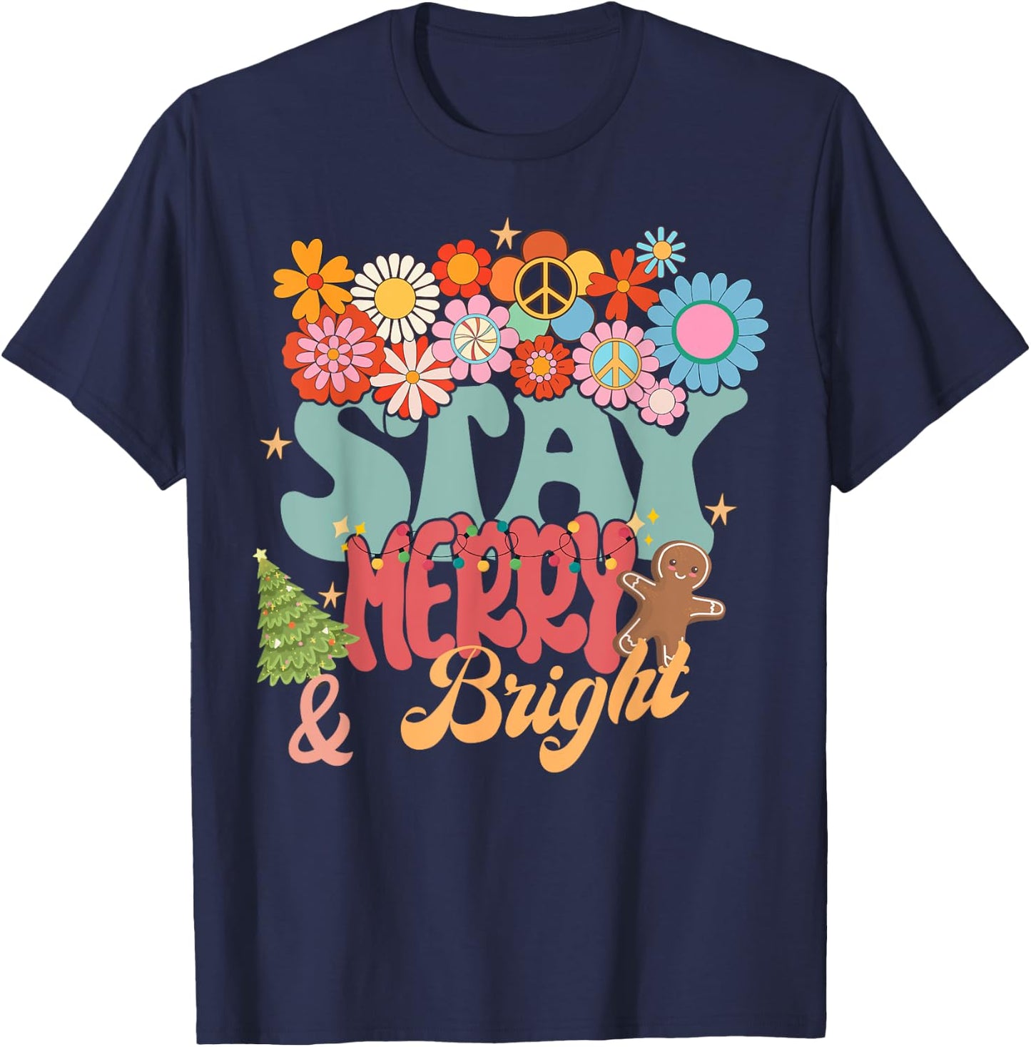 Retro Groovy Peace Stay Christmas Merry Bright Hippie Santa T-Shirt - T-Shirt | Navy