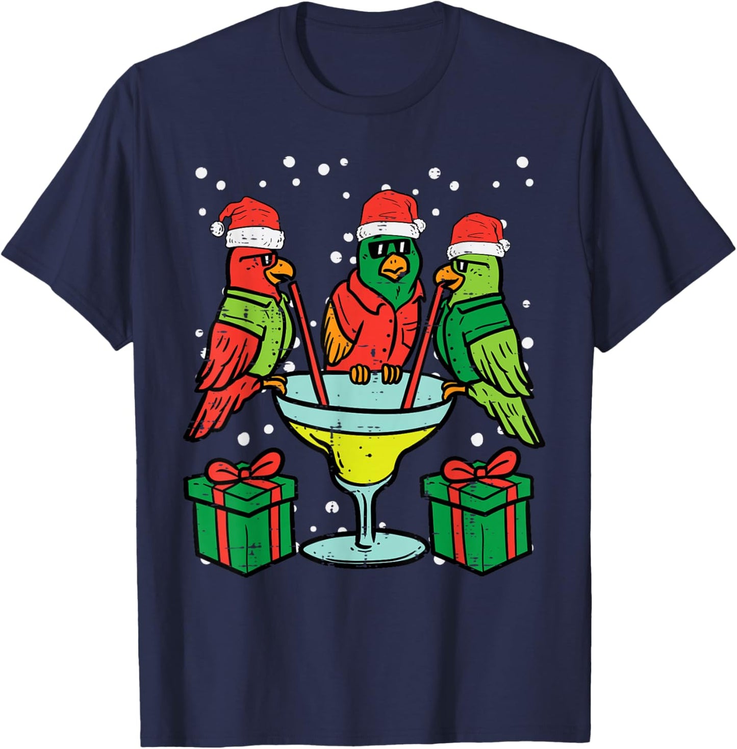 Christmas Parrots Santa Funny Xmas Bird Vacation Men Women T-Shirt - T-Shirt | Navy
