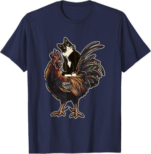 Black Cat Riding a Chicken Rooster Funny Animal Farming Men Women Girls Kids T-Shirt - T-Shirt | Navy