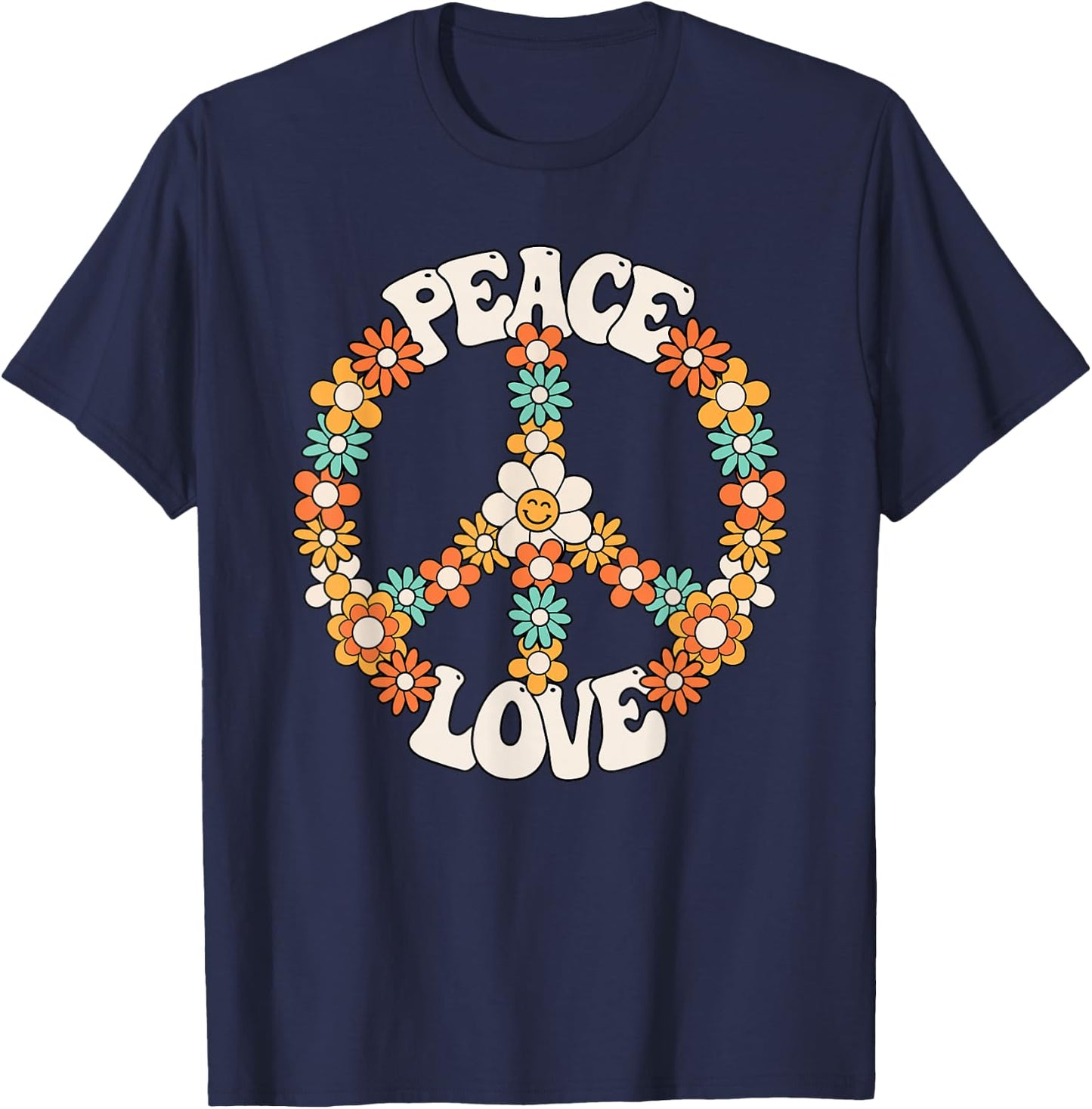 Peace Sign Love 60s 70s Costume Groovy Hippie Theme Party T-Shirt - T-Shirt | Navy
