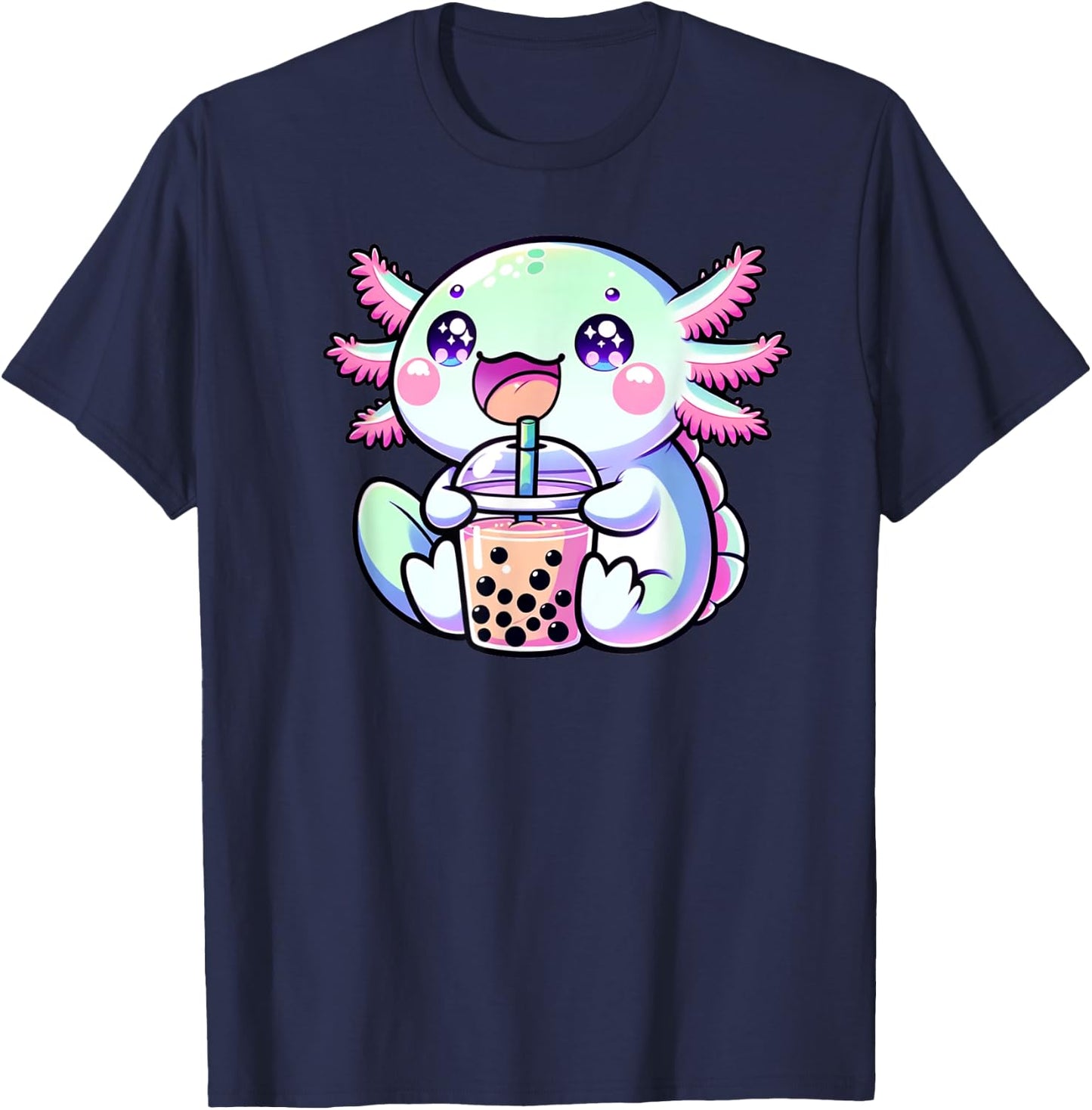 Cute Kawaii Axolotl Boba Bubble Tea Blue Pink Anime Bobalotl Men Women Kids T-Shirt - T-Shirt | Navy